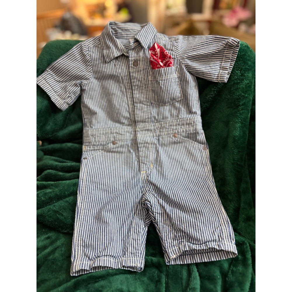 BabyGap 1969 Railroad Stripe Romper Blue White 6-12 Months Bandana Pocket